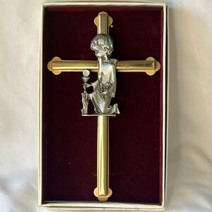 Camco Vintage Wall Cross Boys First Communion Brass w Pewter Boy 1970s w Box‎